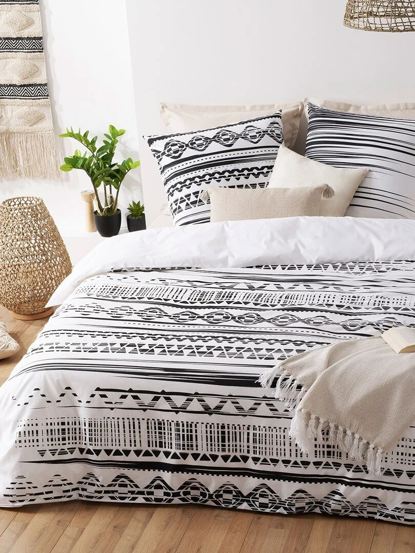 Housse de couette 240x260 Ethnik NB + 2 taies 100% coton 57 fils Blanc