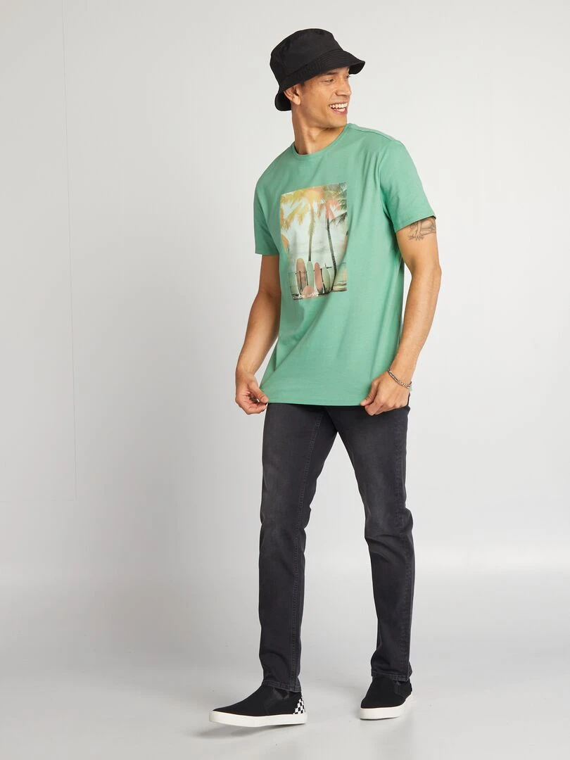 T shirt en coton imprimé à col rond Vert