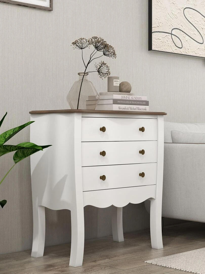 Commode style néo rétro 3 tiroirs poignées boutons bois MDF panneaux blanc Blanc