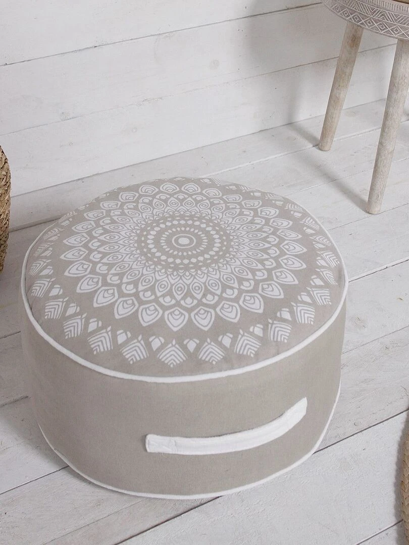 Pouf rond imprimé 'SLOW LIFE KARMA' 'TODAY' Beige