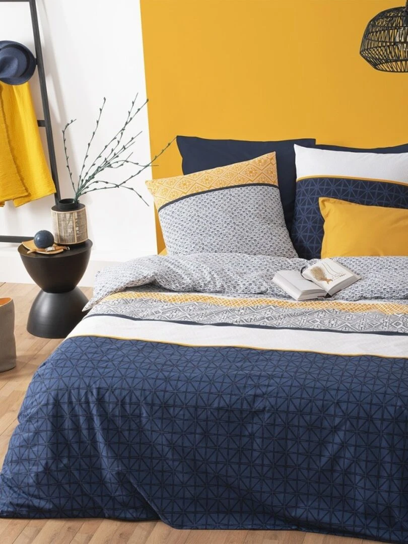 Housse de couette 240x260 Rayures ethniques bleu + 2 taies 100% coton 57 fils Bleu