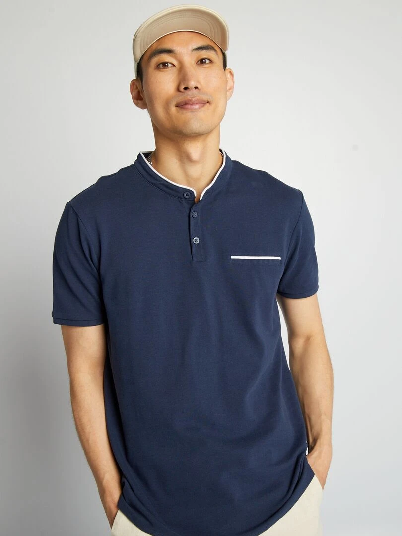 Polo à col mao en piqué de coton   Bleu marine
