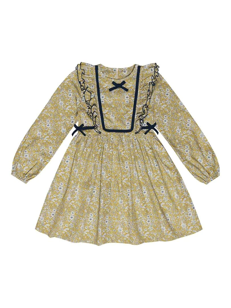 Robe Fleurie Hiver Fille  Coton Jaune Bleu  APPOLINE   'LA FAUTE A VOLTAIRE'   Jaune