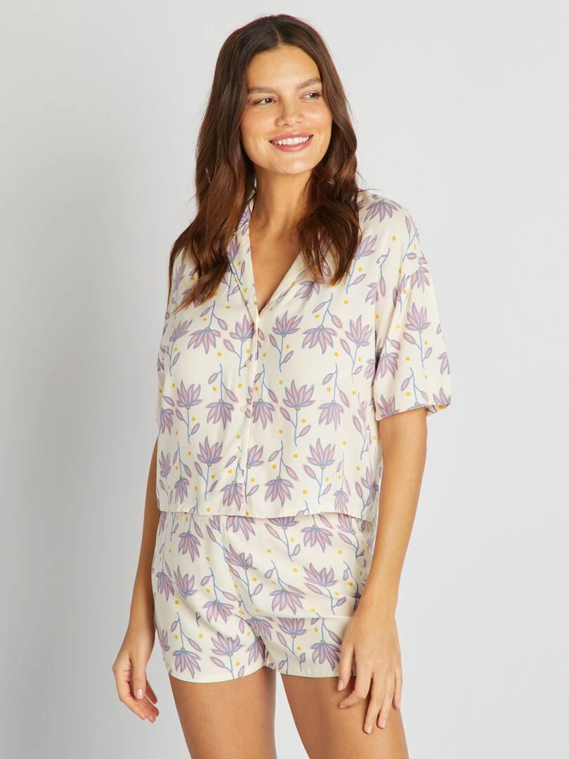 Pyjama chemisier + short imprimé maxi fleurs Beige
