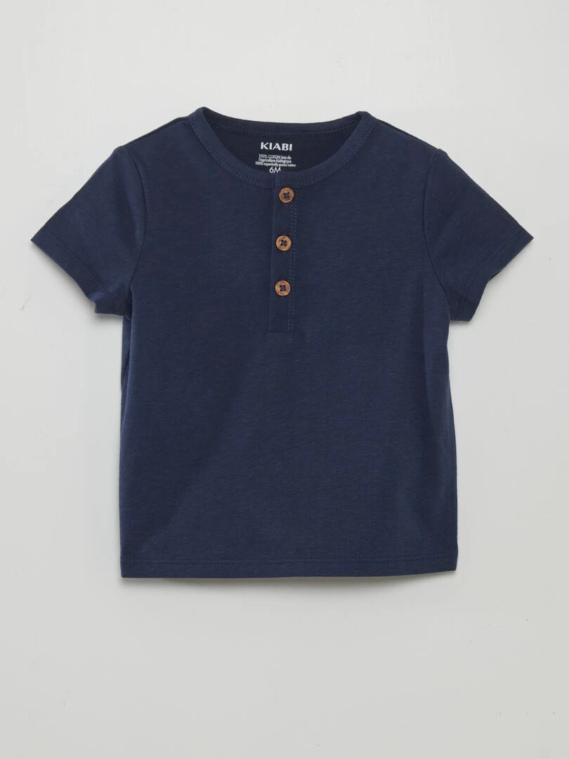 Tee shirt uni avec col boutonné Bleu marine