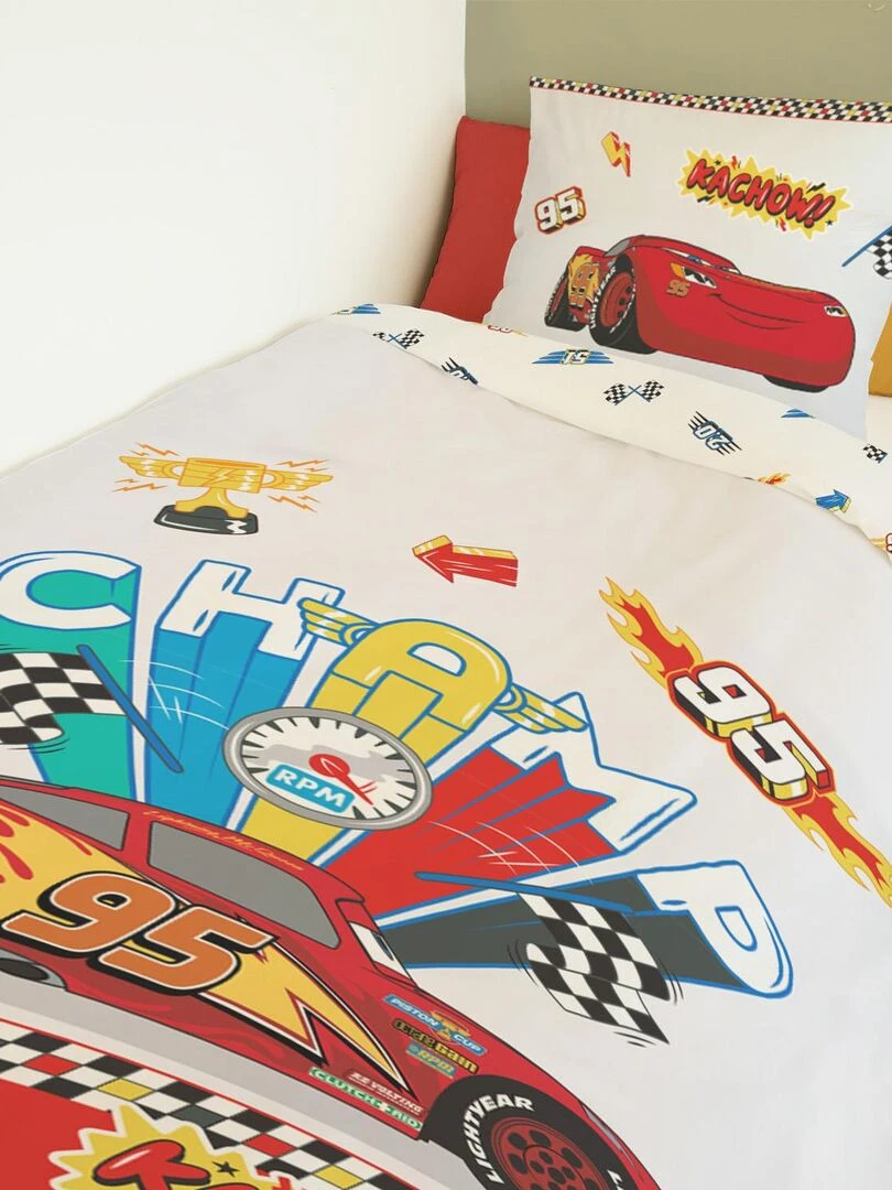 Housse de couette Cars Disney 140x200 cm   100% Coton   Blanc et rouge   Blanc