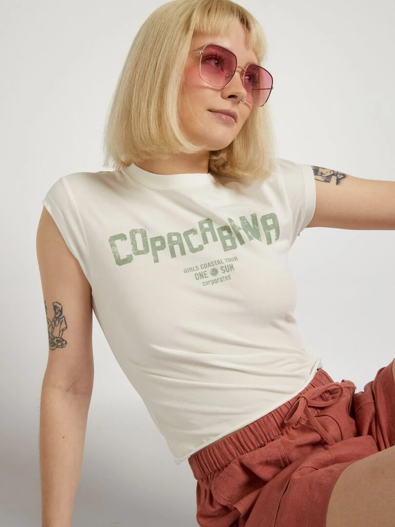 T shirt cropped stretch imprimé Vert