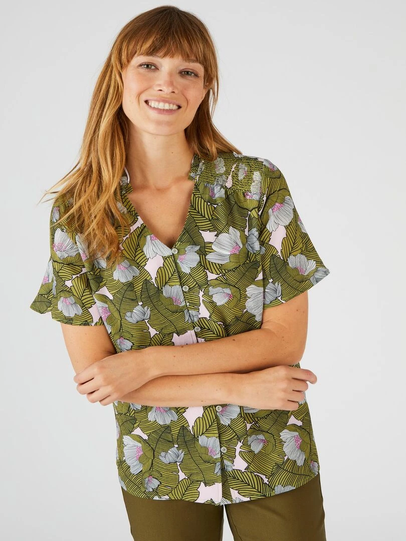 Chemisier à smocks imprimé   Damart   Kaki