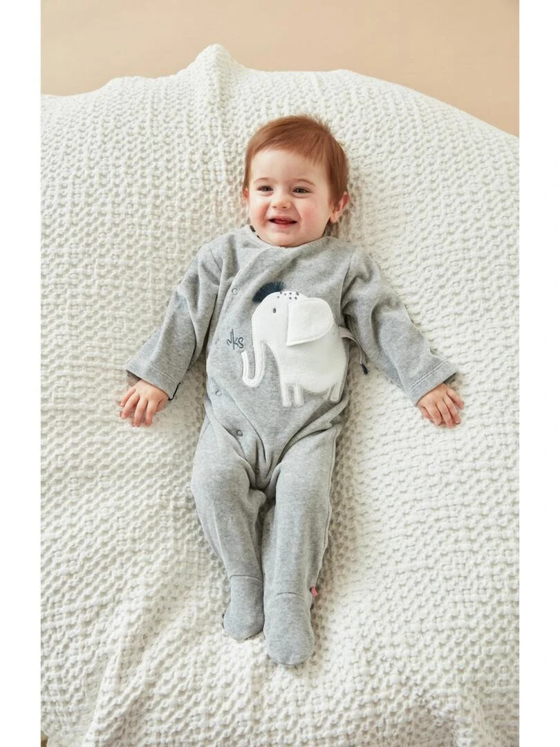 Pyjama 1 pièce éléphant en velours chiné Noukie's Gris