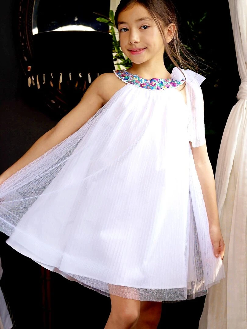 Robe Cérémonie Blanche Fille Col Fleuri Violet ALIZEE La Faute à Voltaire Blanc Violet