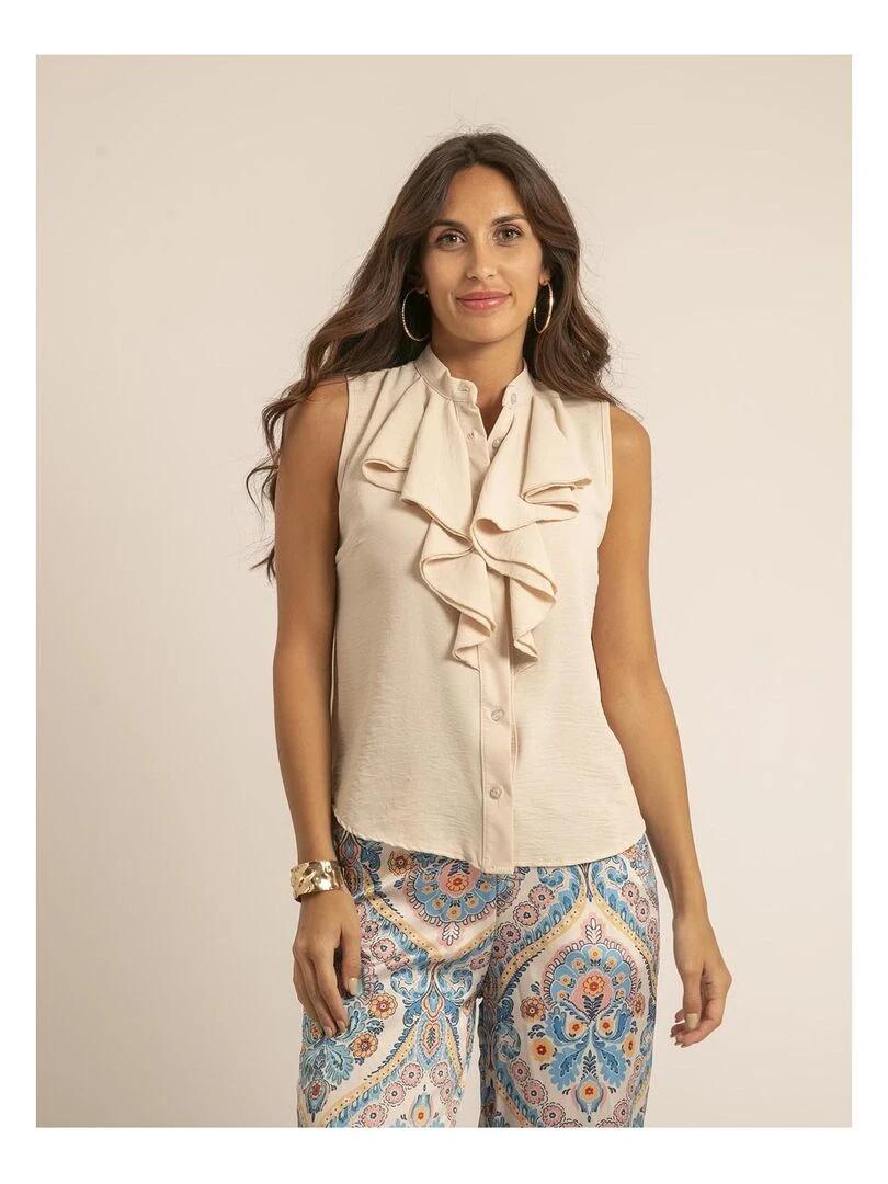 Chemise sans manches col jabot ODESSA Beige