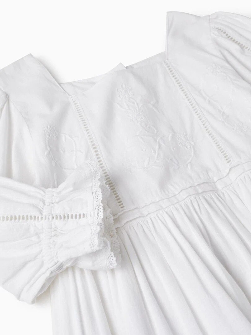 Robe En Coton Avec Broderies Pour Fille manches courtes CEREMONY COLLECTION   Blanc