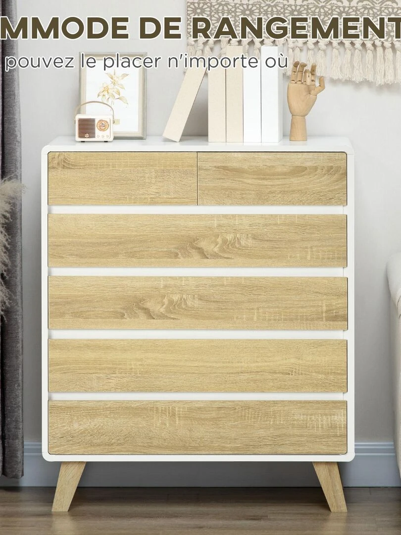 Commode scandinave sur pieds 6 tiroirs blanc aspect chêne clair   Beige