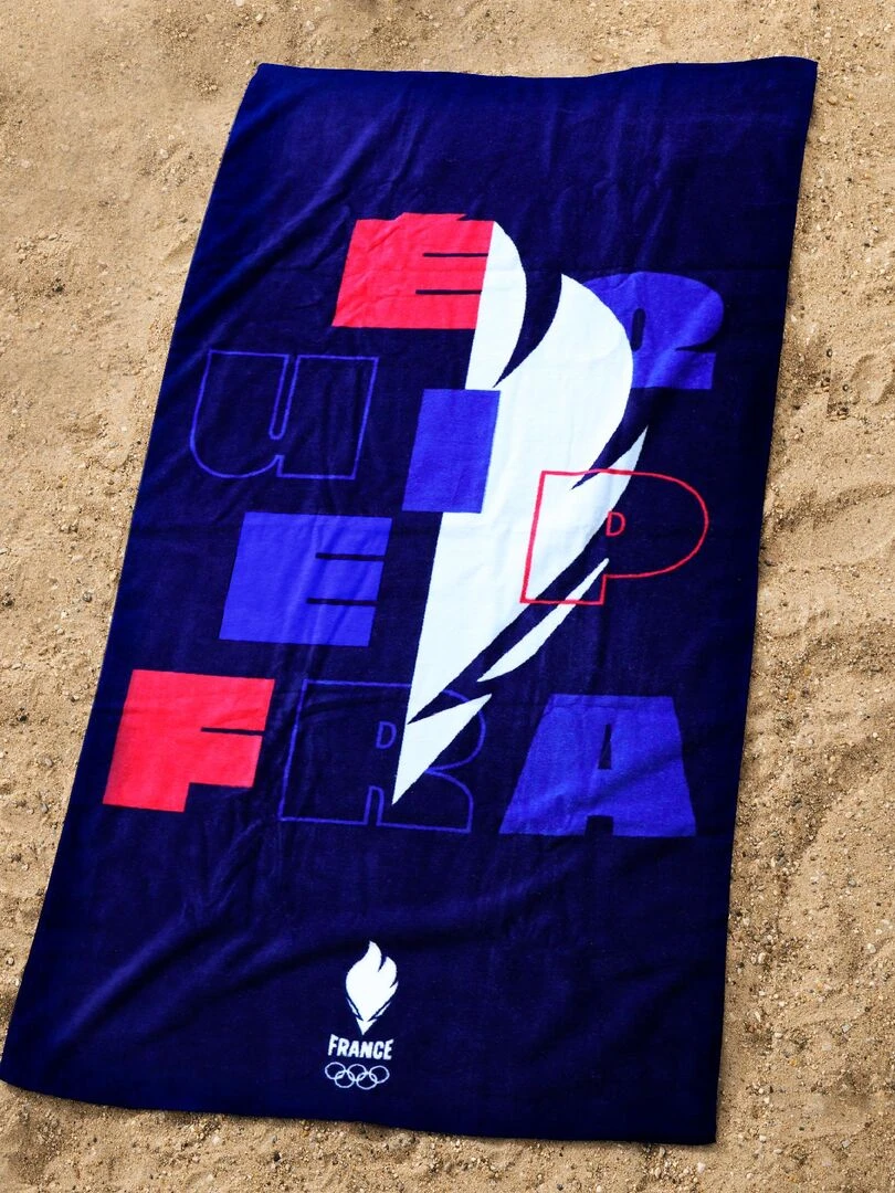 Drap de plage imprimé 100% coton PARIS 2024 EQUIPE DE FRANCE OLYMPIQUE EQUIPE Bleu marine