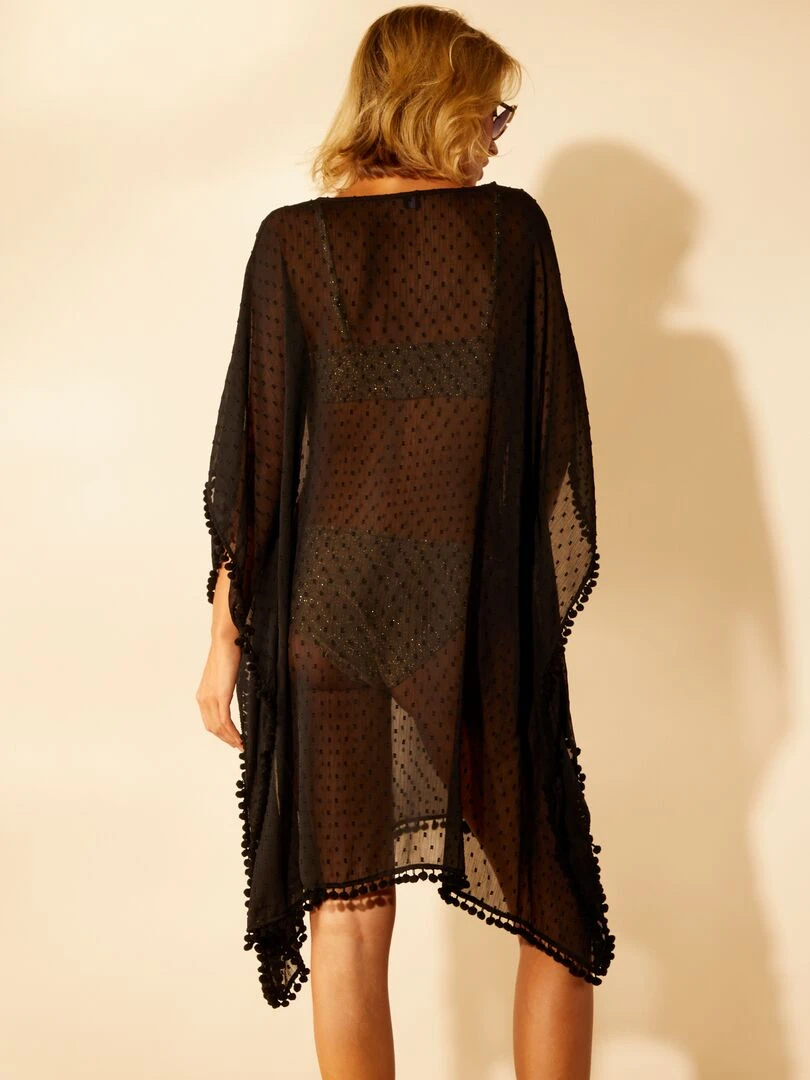Robe de plage plumetis et pompons   noir