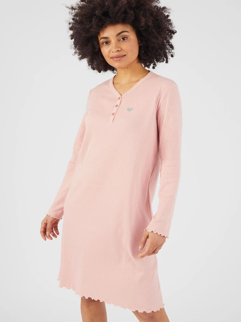 Chemise de nuit maille interlock côtelée douce et souple   Damart   Rose