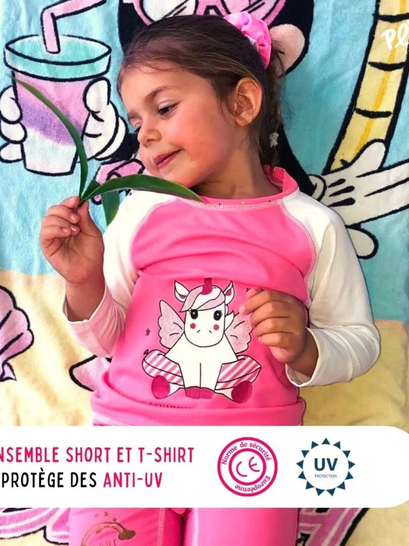 Ensemble enfant Anti UV fille : Licorne Rose Rose