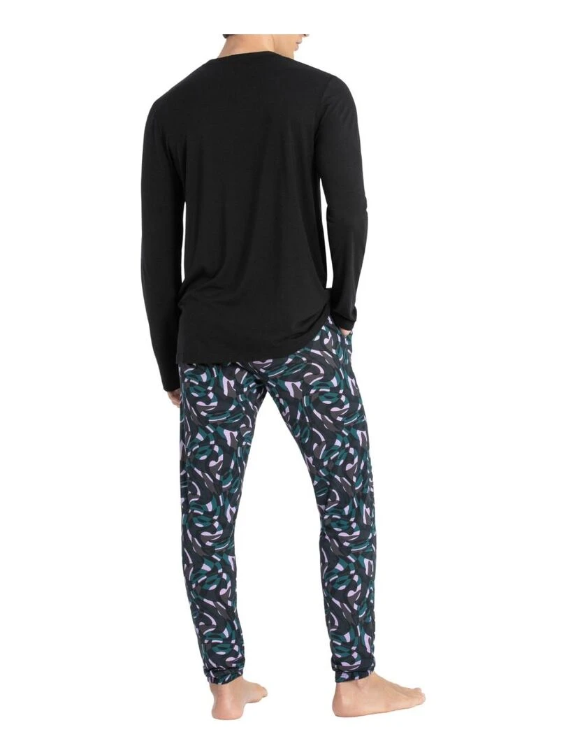 Pyjama long en lyocell et à imprimé abstrait Masato vert et lilas Noir