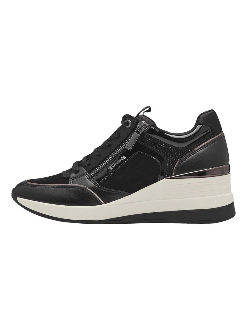 Basket Compensé Cuir Tamaris Noir