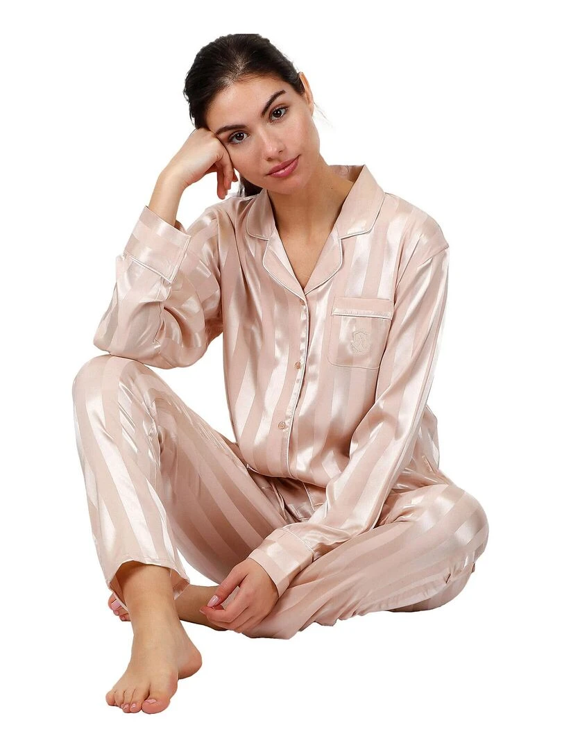 Pyjama chemise et pantalon Satin Stripes   Rose