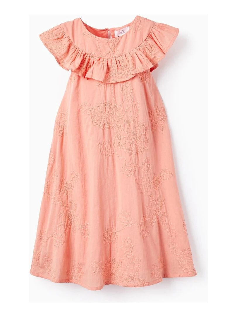 Robe En Coton Avec Broderies Et Volants Pour Fille manches courtes Rose