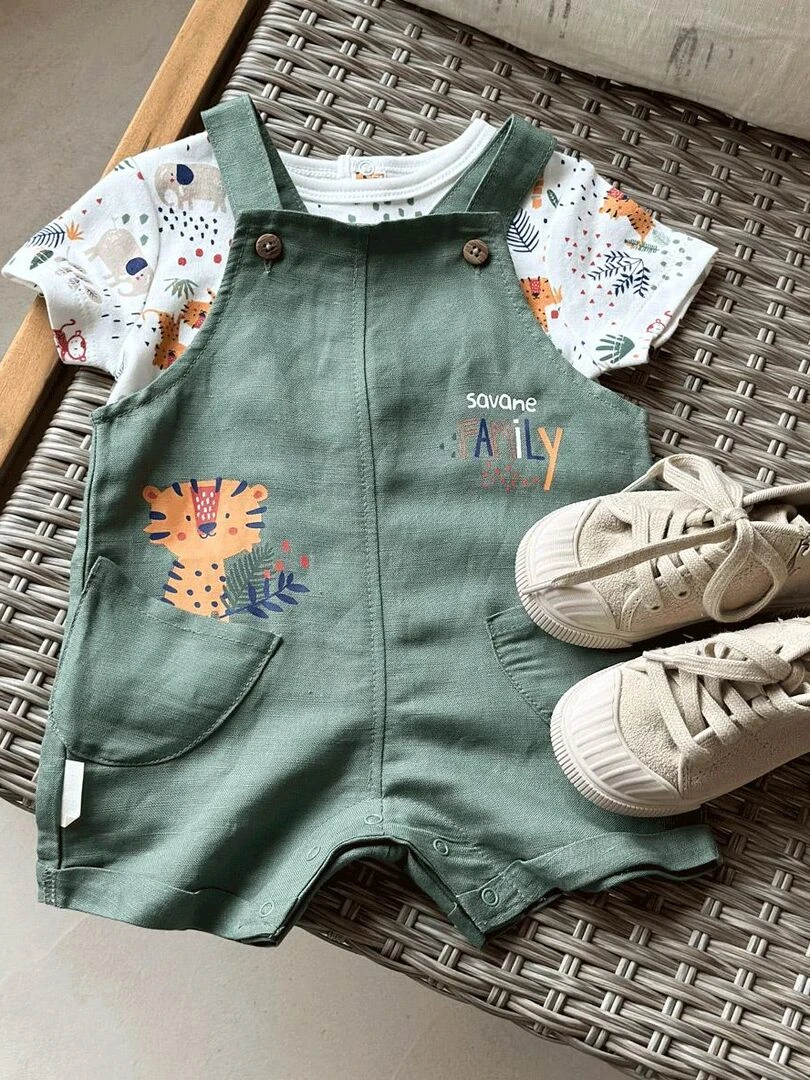 Ensemble salopette bébé en lin et t shirt Savane Family   Kaki