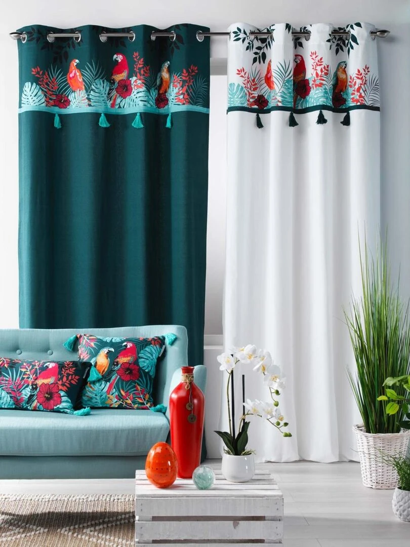 Rideau d'ameublement au parement exotique   Blanc