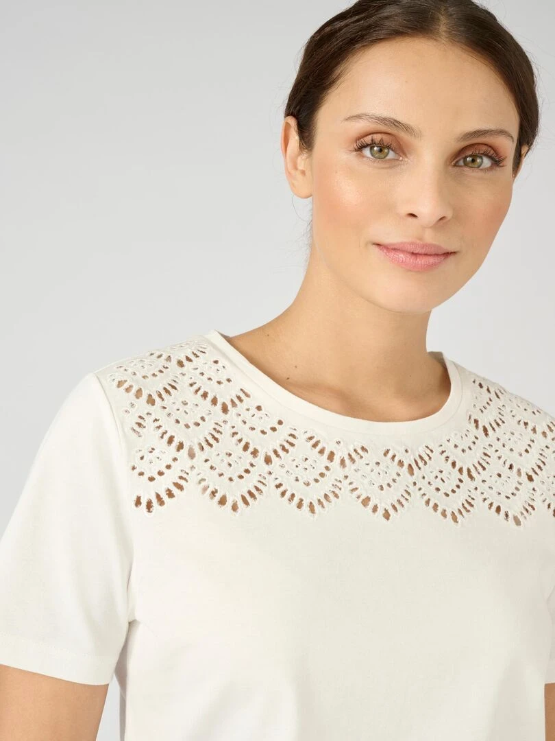 Tee shirt brodé pur coton Damart Blanc cassé