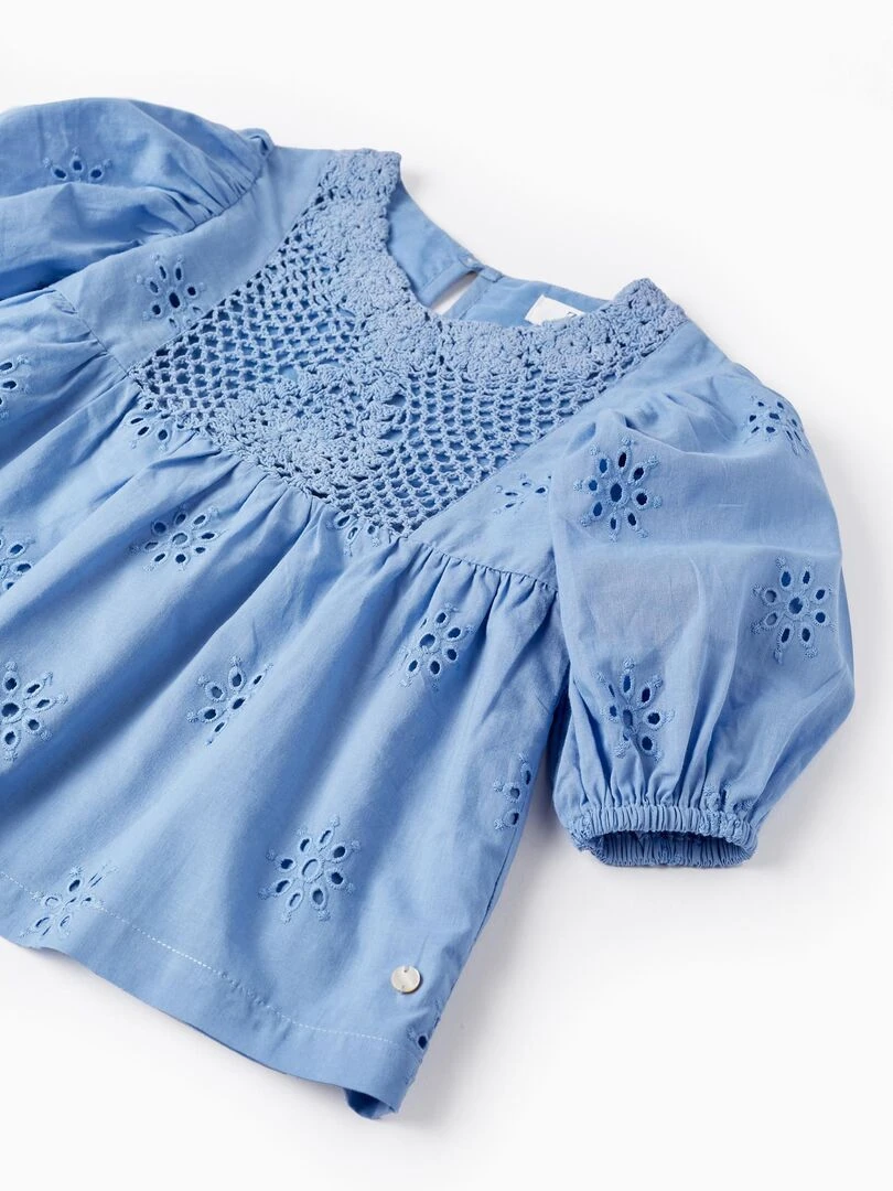 Blouse en coton avec broderie anglaise pour fille manches courtes ATLANTIC COMPANY   Bleu clair