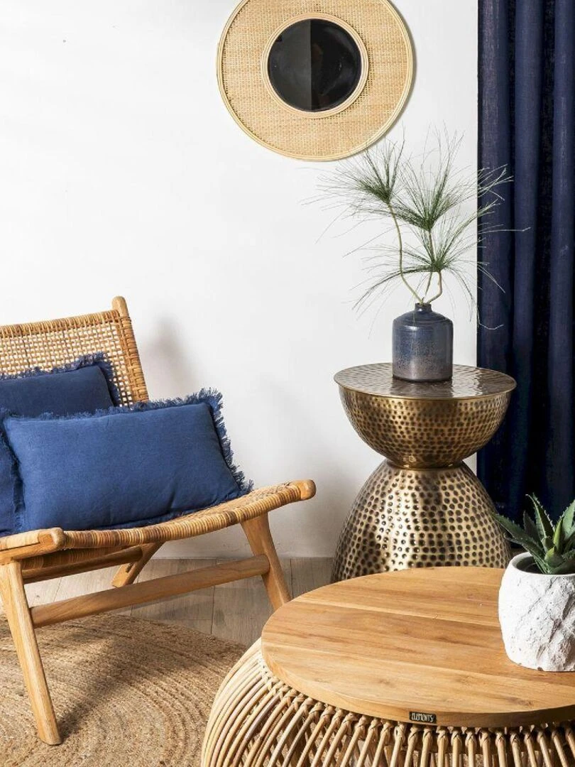 Coussin en lin  bords effilés 'Deko&co'   Bleu roi