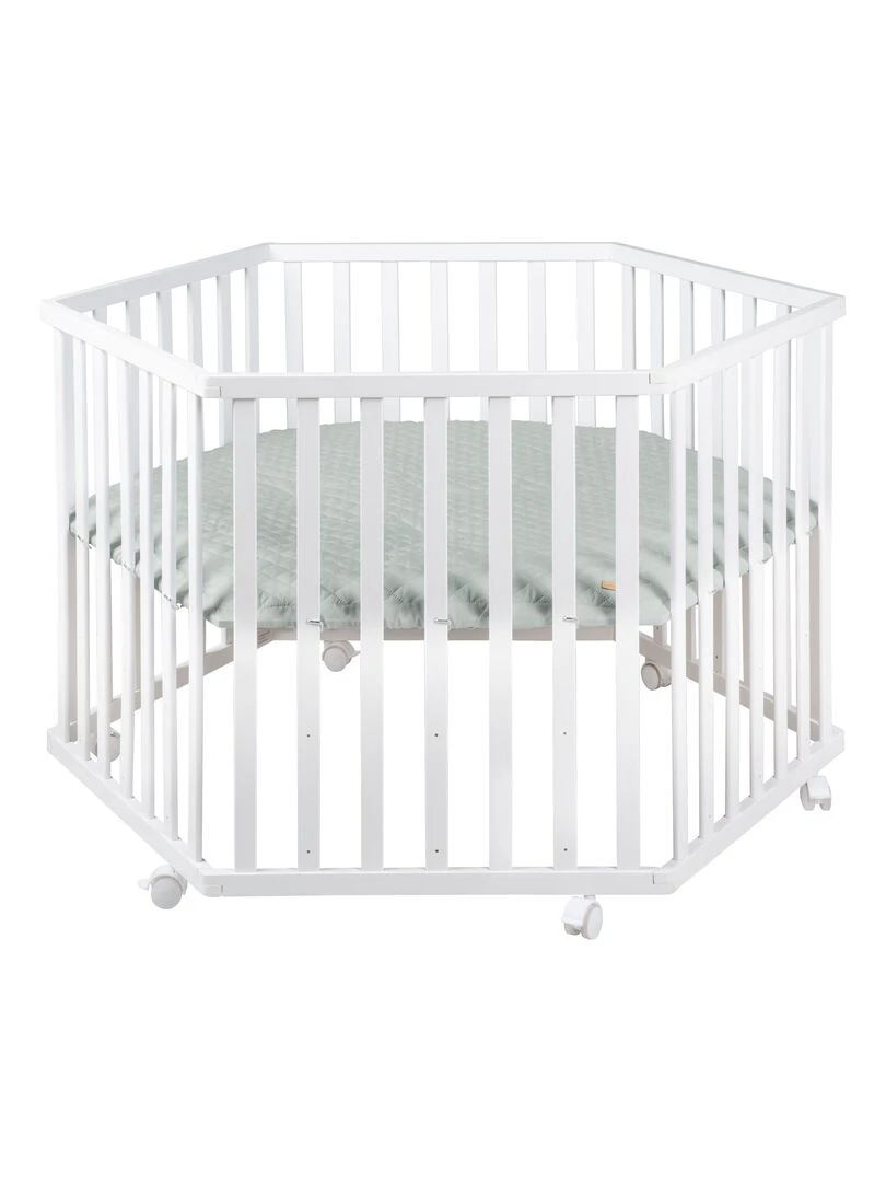 ROBA Parc Bébé Hexagonal ROBA Style + Tapis de Parc en Vert Givré Bois Blanc Blanc