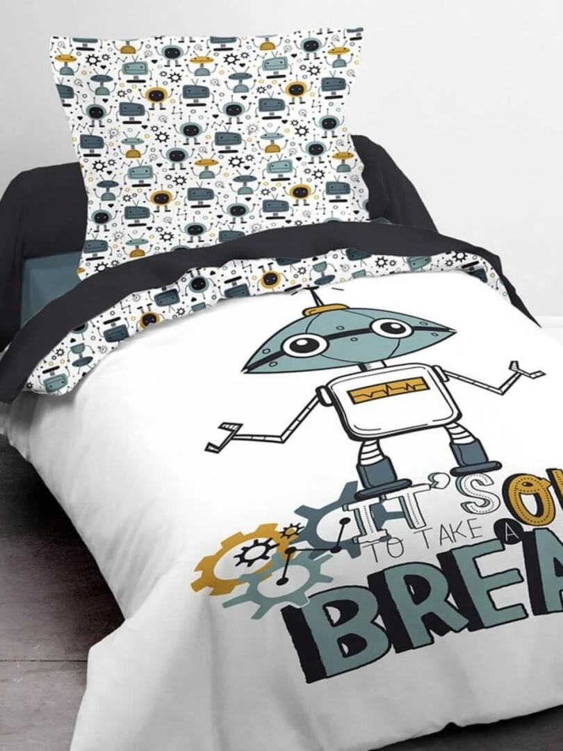 Housse de couette 140x200 Kids Kool Robot + 1 taie 100% coton 57 fils Blanc
