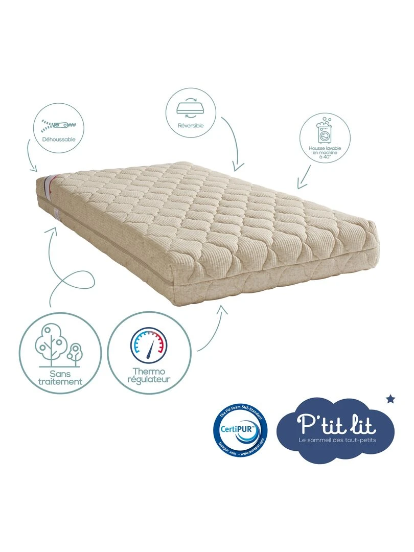 Matelas Bébé Authentique   60x120 cm   Déhoussable   Blanc