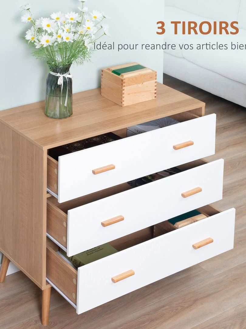 Commode scandinave sur pieds 3 tiroirs blanc aspect bois clair   Beige