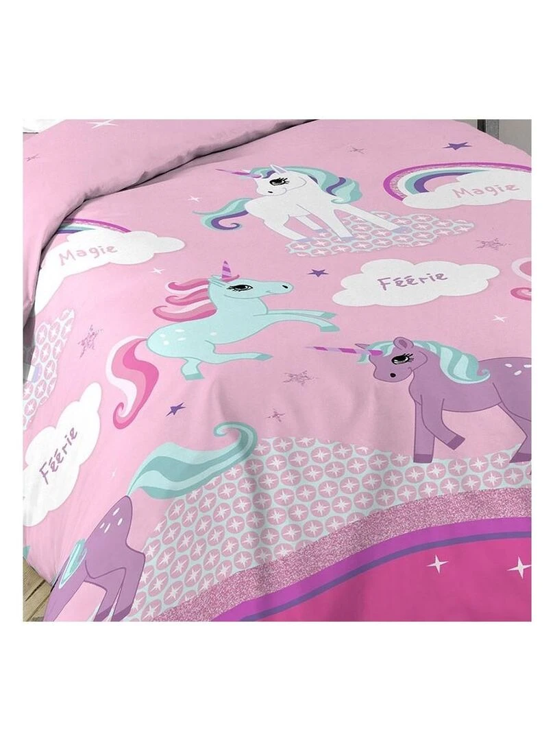 Housse de couette 140x200 Licorne + 1 taie coton   Rose
