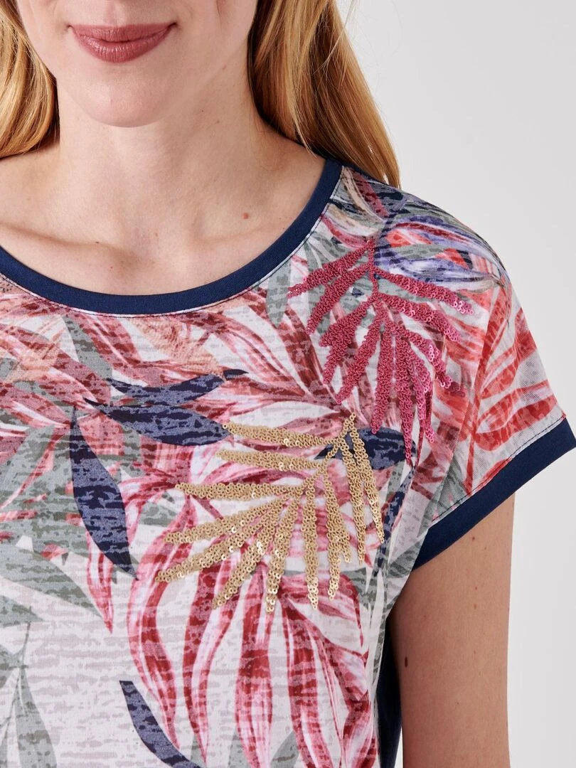 Tee shirt uni et imprimé à sequins Damart Rose