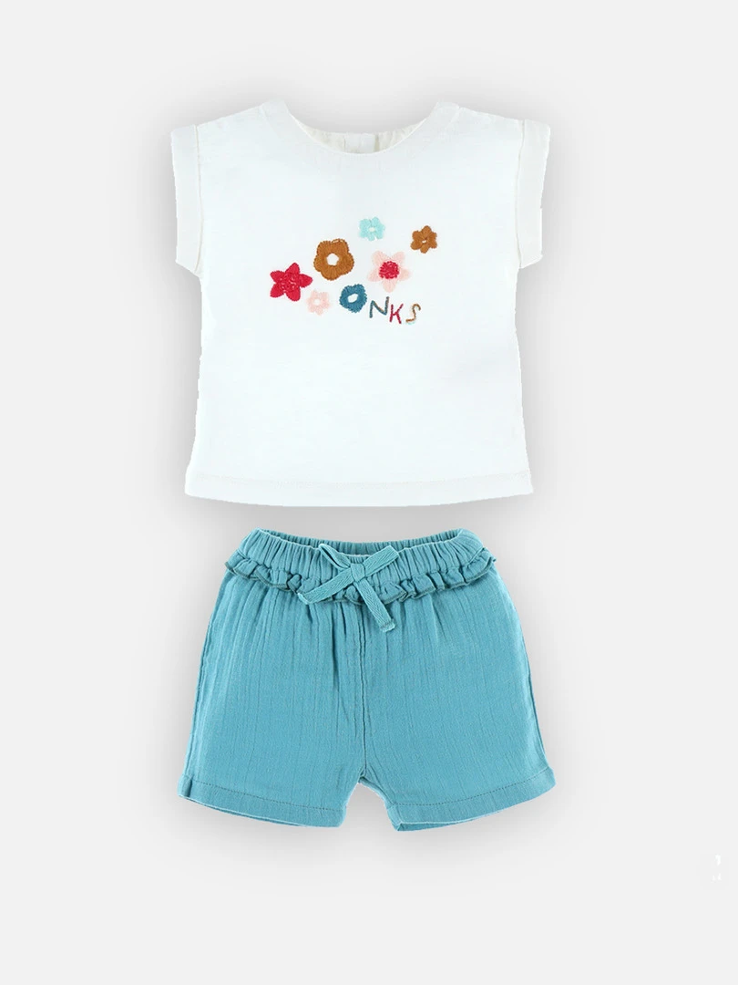 Set T shirt + Short En Coton Bio Écru/aqua Bleu