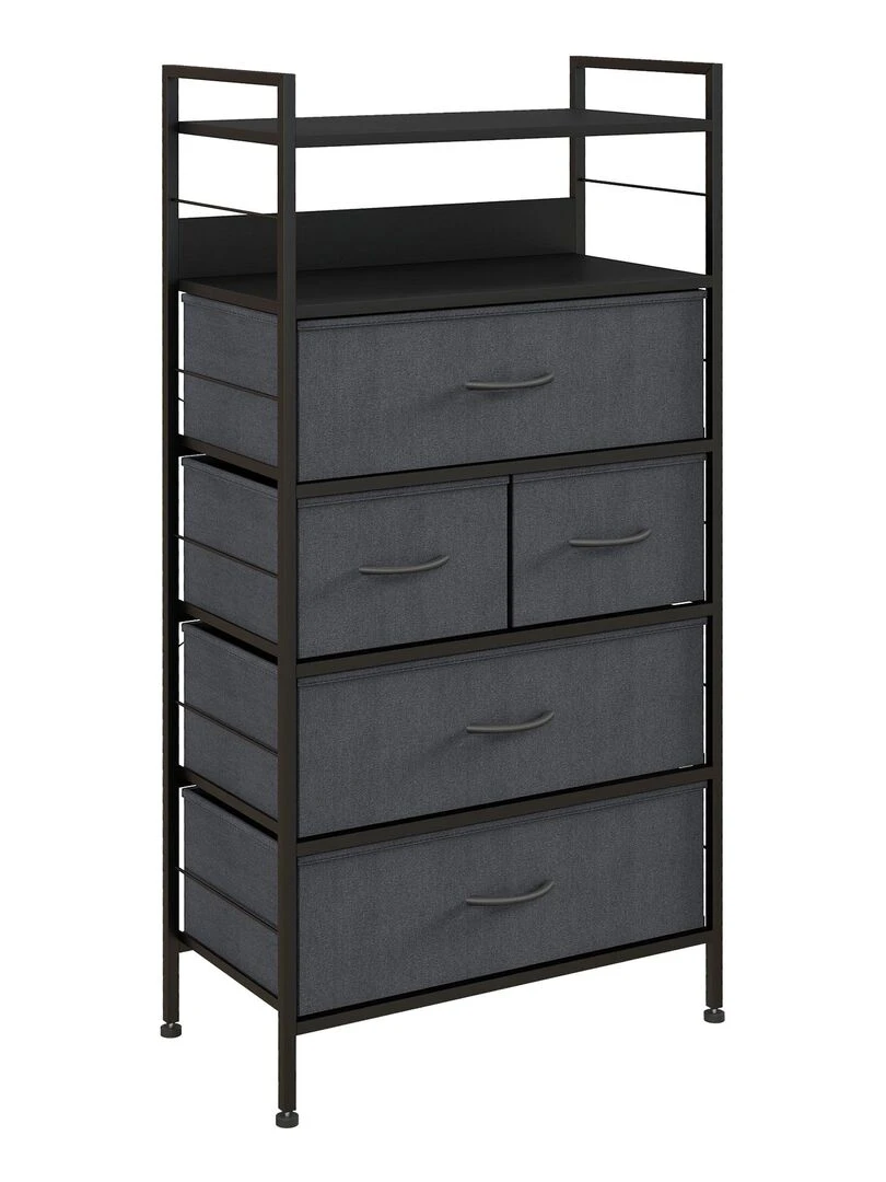 Rangement commode 5 tiroirs 2 étagères acier MDF non tissé noir Noir