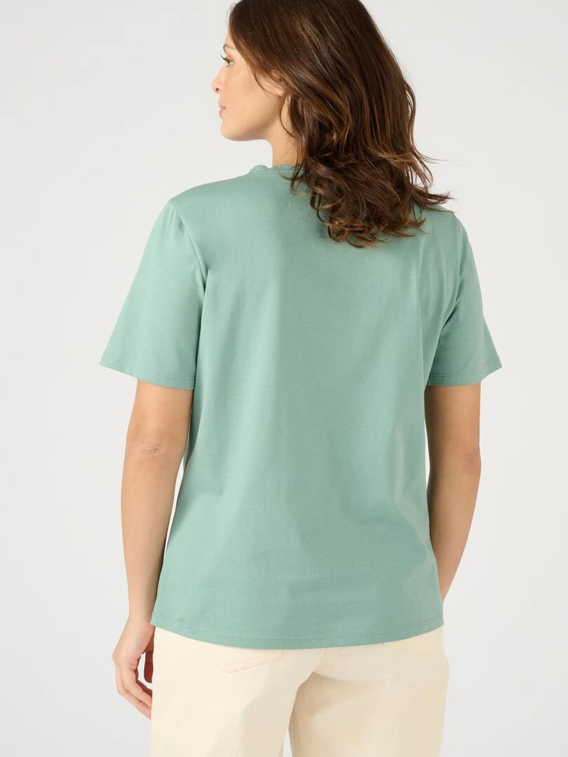 Tee shirt col rond fantaisie en pur coton.   Damart   Vert anis