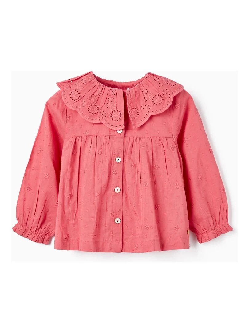 Chemise en coton avec col en broderie anglaise pour bébé fille manches longues SPRING BEGINS Rose foncé