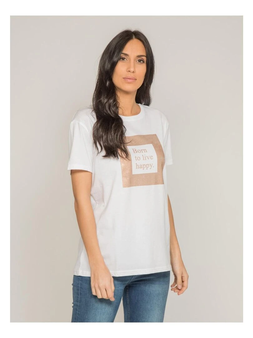T shirt col rond message FLIGNY Blanc
