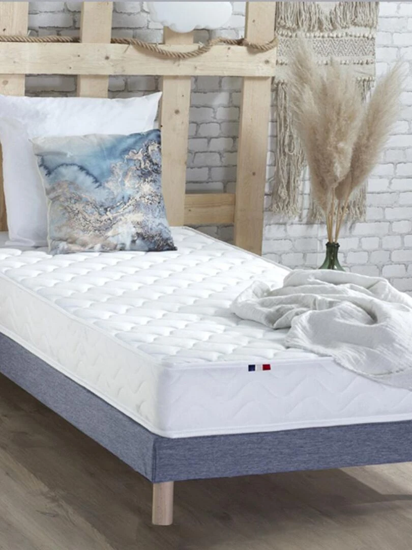 Ensemble Matelas Ressorts Fermes biconiques SPECTRE + Sommier Made in France Sommier Bleu denim Bleu Blanc