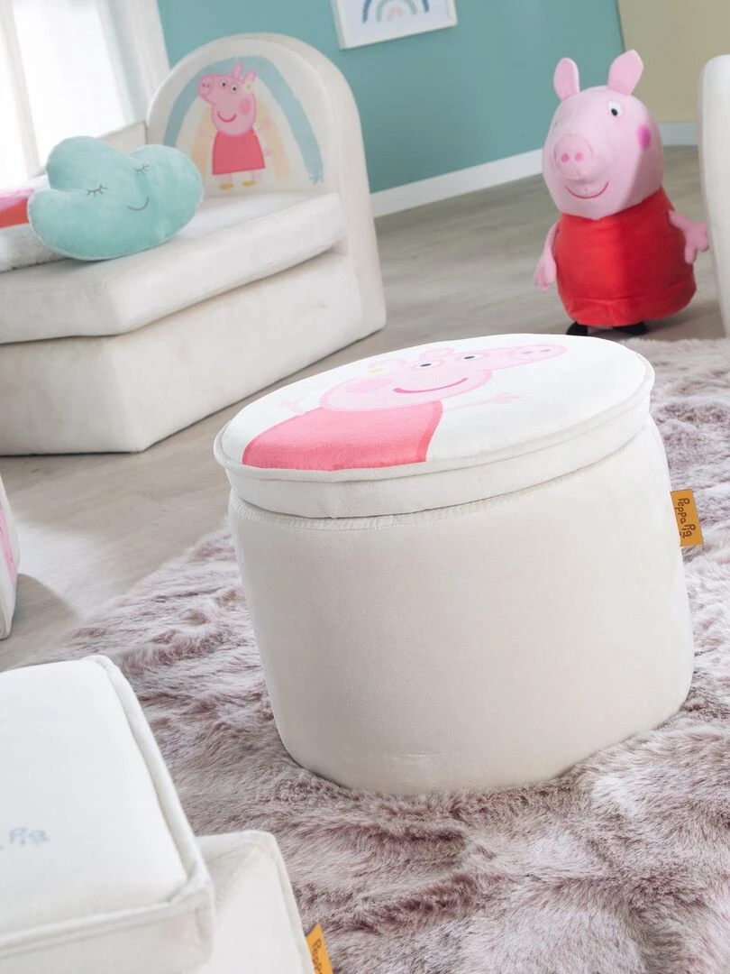 ROBA Pouf Coffre Bébé Rond Peppa Pig   Pouf de Rangement en Velours   Beige   Motif Truie   Beige