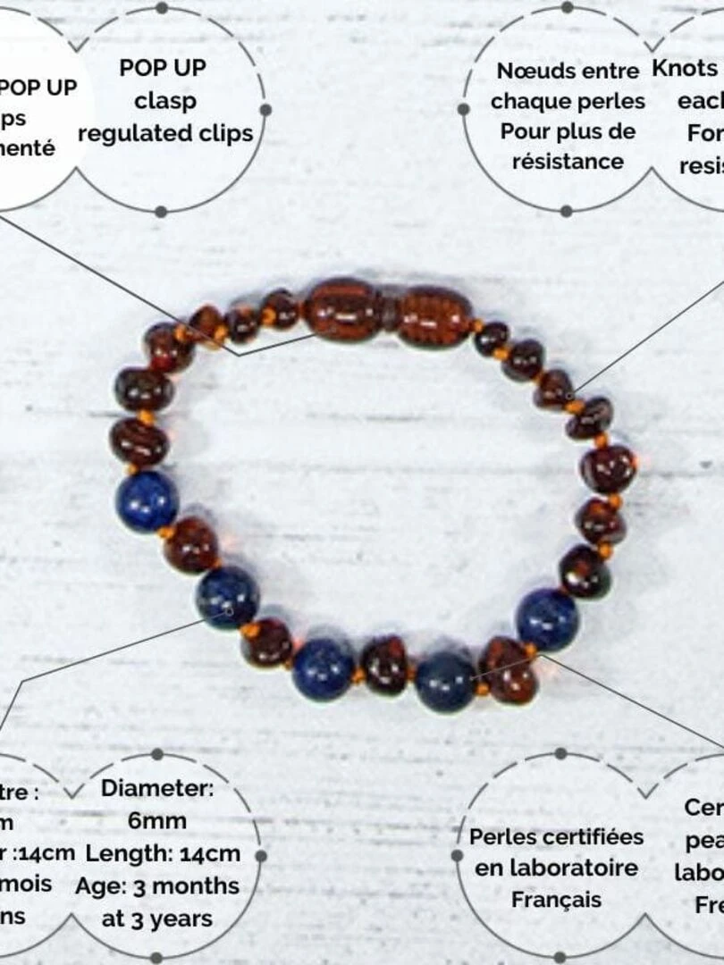 Bracelet bébé   Ambre et pierres naturelles   Ambre Cognac / Lapis lazuli   Bleu