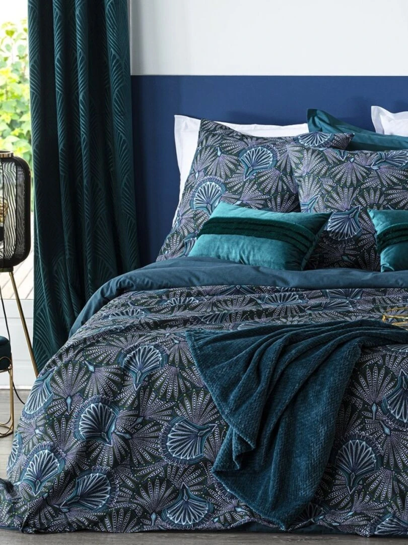 Housse de couette 240x220 Eventail + 2 taies 100% coton 57 fils Bleu