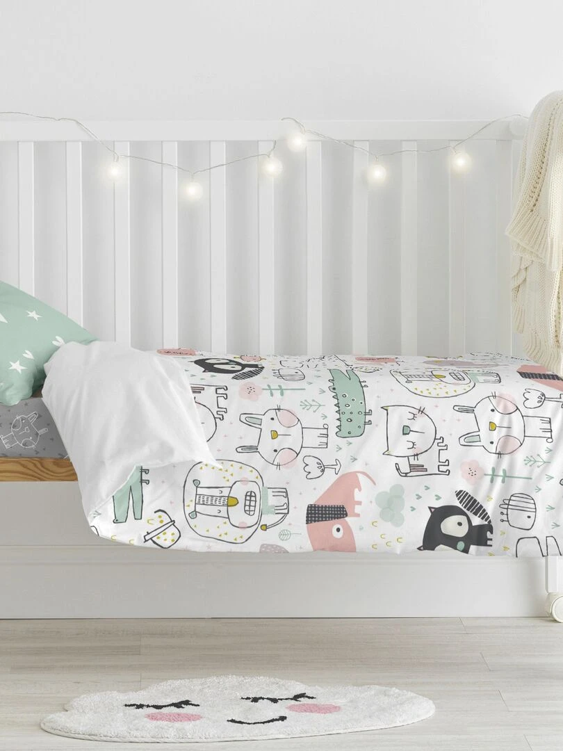 Parure housse de couette 2 pièces Best buddies Berceau "Happyfriday"   Blanc Vert
