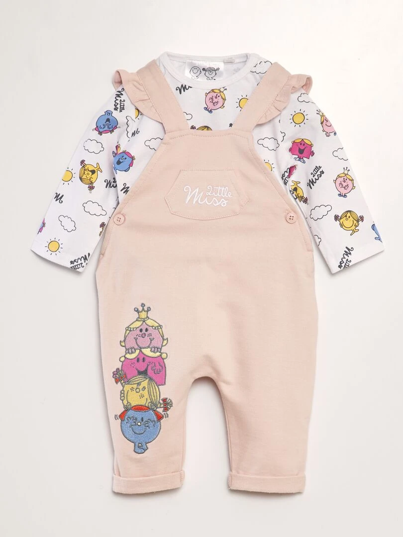 Ensemble 'Monsieur Madame' salopette + t shirt 2 pièces rose