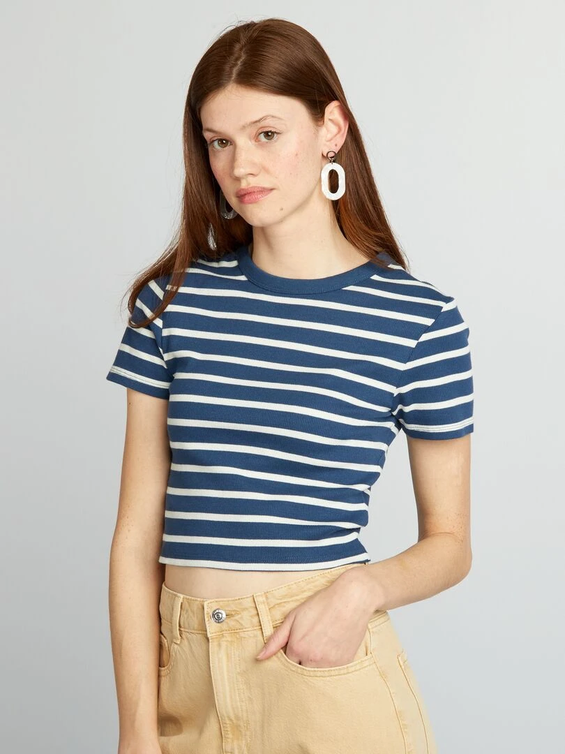 Tee shirt crop top marinière Bleu/blanc