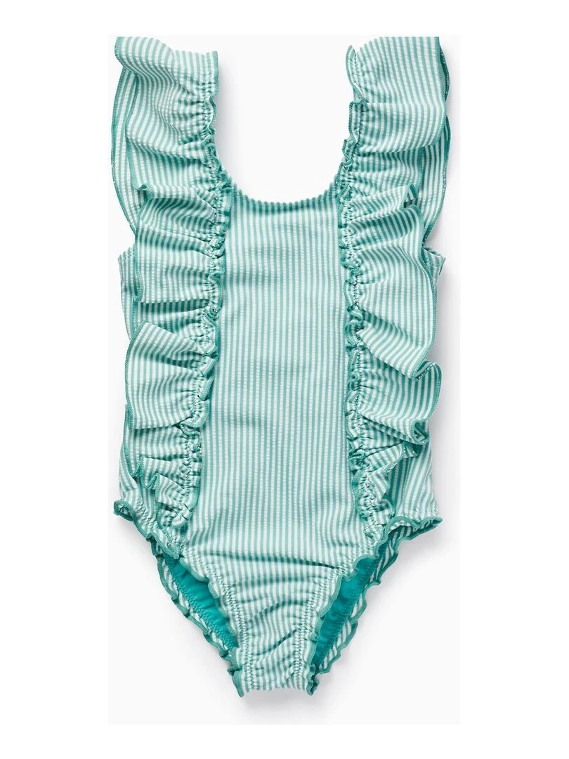 Maillot de Bain à Rayures et à Volants pour Fille Vert