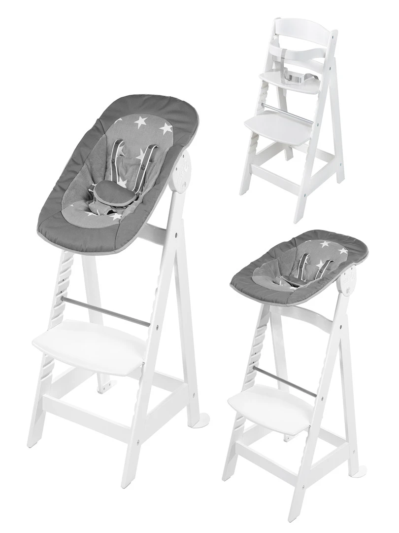 ROBA Chaise Haute Évolutive "Born Up" + Transat "Little Stars" Blanc/Gris Blanc